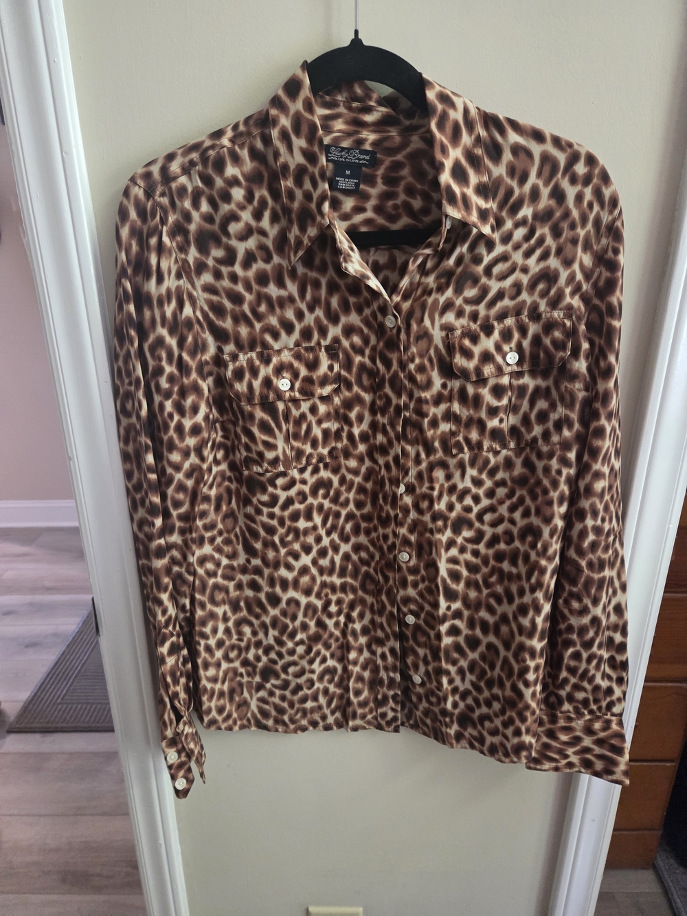 Lucky Brand Brown Leopard-Print Button-Front Blouse, 100% Silk